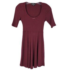 Lulus How Pleasant Burgundy Ribbed Half Sleeve Skater Dress Womens Size Medium